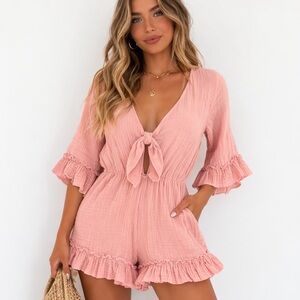 STARK X Cotton Gauze Front Tie Ruffle Romper Pockets Blush Pink Size M💛
